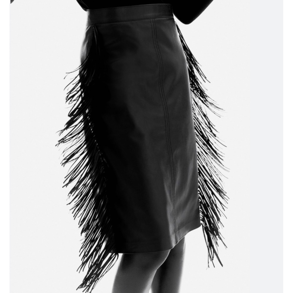 HM Edition Black Faux Leather Fringe Pencil‎ Skirt Size 10 Vamp Goth Witchy